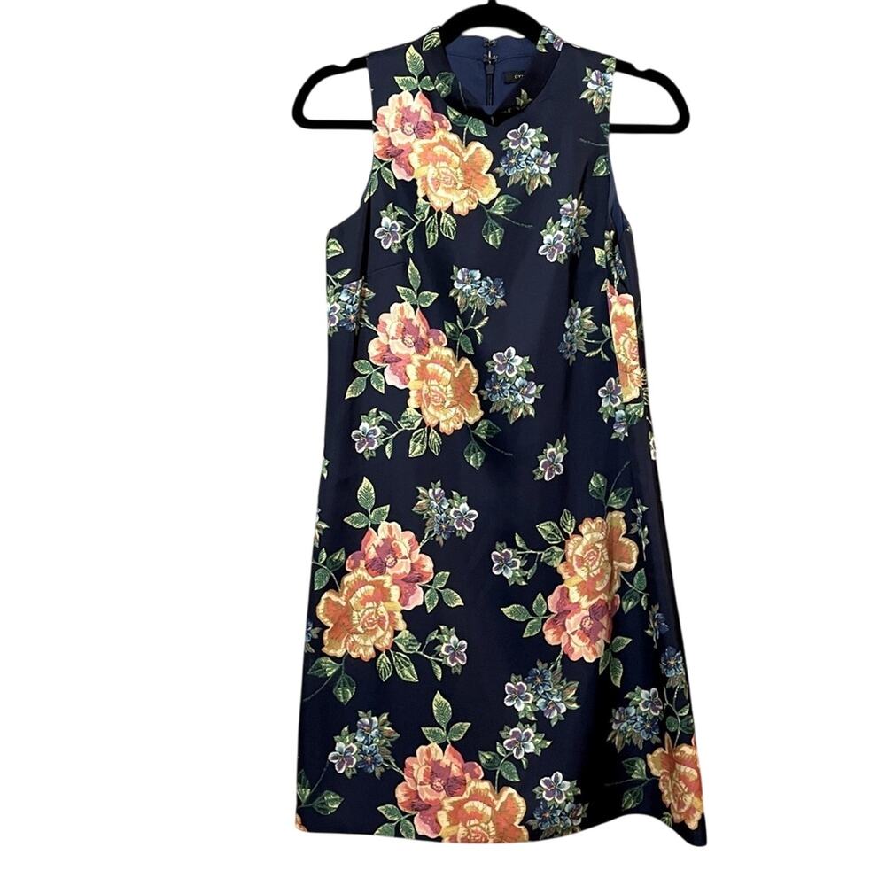 Cynthia Steffe Navy Blue Floral Satin Sleeveless Sheath Dress Womens 2 Mini